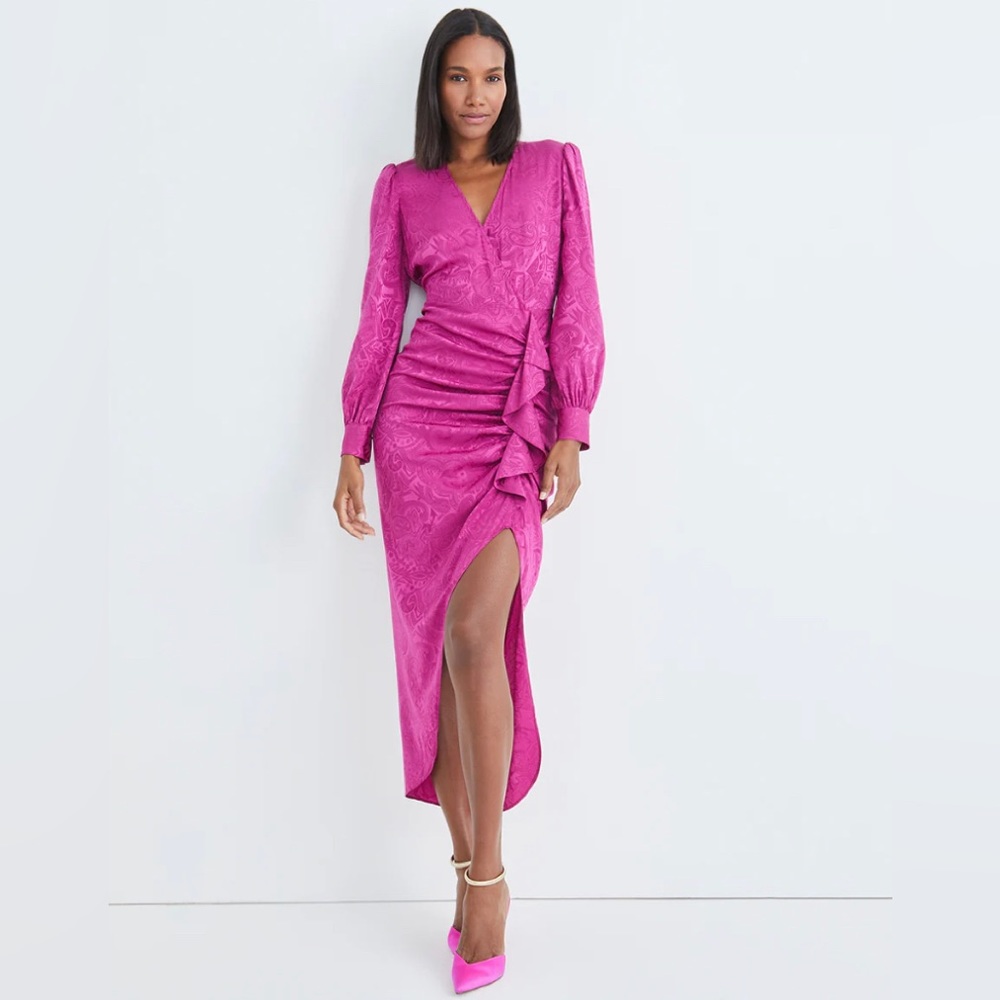 VERONICA BEARD Size 6 Weiss Dress Silk Bright Magenta VNeck Ruffle Slit $698 NWT